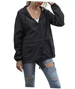 Women's Waterproof Raincoat Lightweight Rain Jacket Hooded Medium Black - Picture 1 of 7