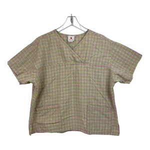 Peaches Size L Scrub Top Pink Green Yellow Check Pattern Pockets Medical Nurse - Picture 1 of 6