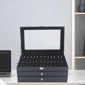 Black Pen Collection Display Case PU Leather + Flannel Pen Organizer with Lid US - Picture 1 of 12