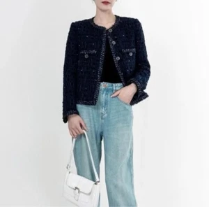 Chaqueta de tweed de terciopelo azul marino hecha a mano con adornos de lentejuelas claras talla 3XL-uk18 - Imagen 1 de 6