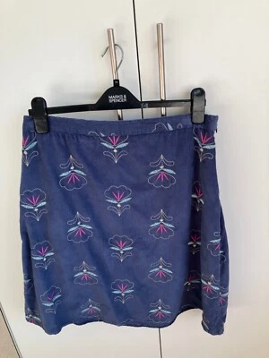John Lewis Blue Embroidered Corduroy Lined Skirt UK 14  A-Line Ex Con - Image 1 of 4