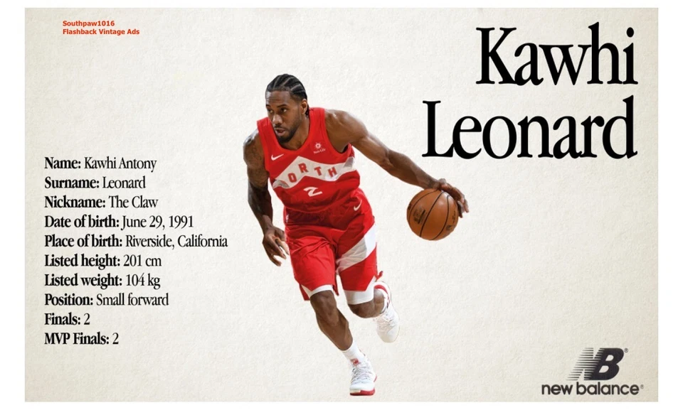 Kawhi Leonard "New Balance" Basketball Shoes Toronto Raptors Classic Reprint Ad - Image 1 of 1