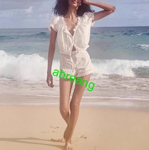 Women Doen Embroidered Short Sleeve Blouse Top / A-line Shorts set white holiday - Picture 1 of 14