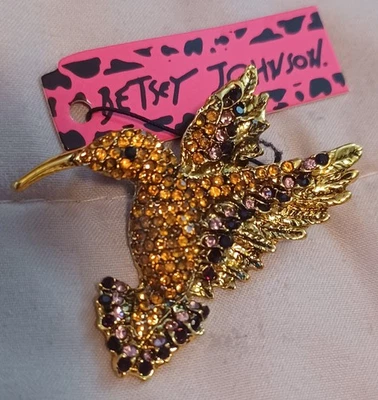 Broche prendedor colibrí de cristal dorado y rosa Betsey Johnson ¡Nuevo estilo belleza! Foto 1 de 4