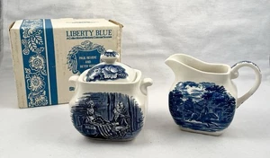 LIBERTY BLUE Staffordshire England Covered Sugar Bowl and Creamer w/ Box - Picture 1 of 8
