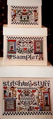 Cross Stitch Pattern STITCHING STUFF Stackable Boxes Folk Art Theme Vintage - Image 1 of 4