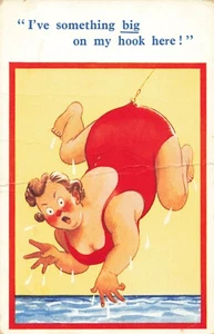 Postcard Humorous "Something Big on my Hook" Large Woman Sunshine Comic Series - Picture 1 of 2
