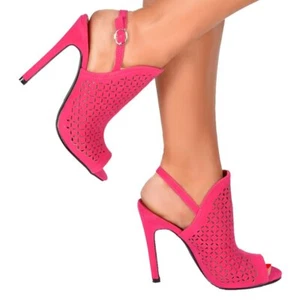 Womens Peep Toe Sling Back Mid Heel Summer Sandal Wedding Fuchsia Pink - Picture 1 of 6
