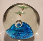 Vintage Art Glass Paper Weight With Blue Bubbles Center Big Bubble and Birds