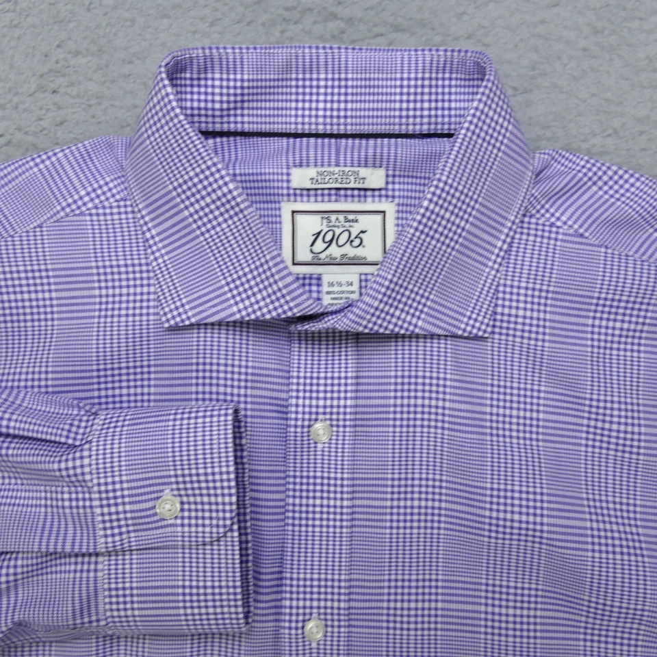 Camisa de vestir Jos A Bank para hombre 16 1/2 - 34 ajuste a medida púrpura a cuadros manga larga Foto 1 de 4