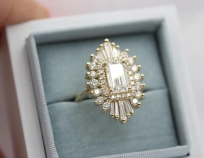 Sunburst Halo Emerald Cut Moissanite Wedding Ring, Anniversary Gift Ring. - Image 1 of 4