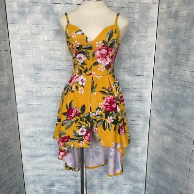 Derek Heart Yellow Floral High Low Dress Womens M Ruffle Spaghetti Strap - Image 1 of 4