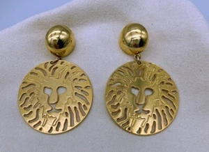 Vintage Anne Klein Lion Goldtone Pierced Dangle Earrings Round  Cut Out Unsigned - Picture 1 of 6