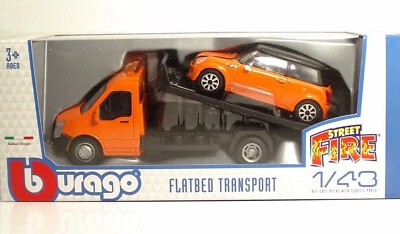 BURAGO STREET FIRE 1:43 AUTO MINI COOPER  + FLATBED TRANSPORT ARANCIONE 18-31405 - Immagine 1 di 2