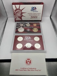 2001 U.S. Mint Silver Proof Set, (10) coins, w/Original Box & COA - Picture 1 of 5