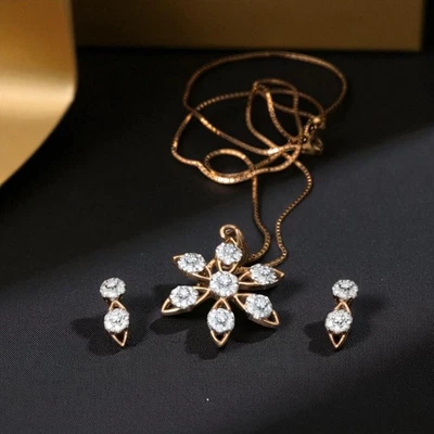Elegant 1.50 ctw Round Brilliant Cut Natural Diamonds Necklace Earrings 14K Gold - Image 1 of 3