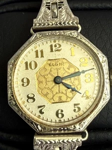 Vintage Elgin 14K Weißgold Achteck Damen Armbanduhr 20er Jahre mit filigranem Armband - Bild 1 von 17