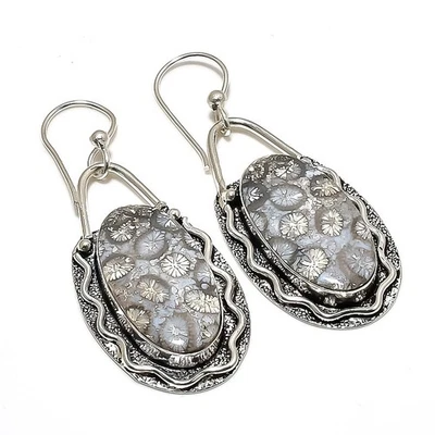 Pendiente de joyería de plata de ley 925 hecho a mano con piedras preciosas de coral fósil 2,36" e575 Foto 1 de 2