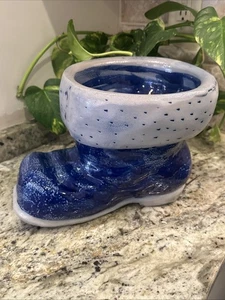 "Plato de caramelo de bota de Santa azul esmaltado con sal grande Rowe Pottery Works retirado 10x7,5""" - Imagen 1 de 14
