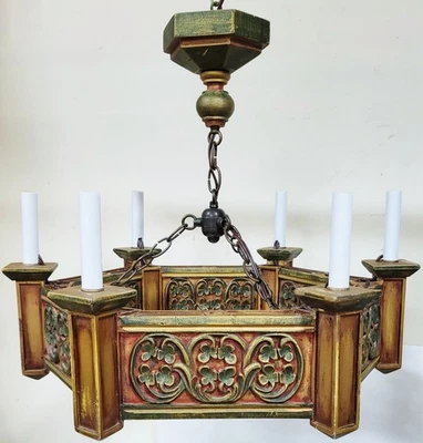 LÁMPARA DE ARAÑA DE MADERA TALLADA VINTAGE INGLESA mediados de siglo MODERNA paquete pintado Foto 1 de 4