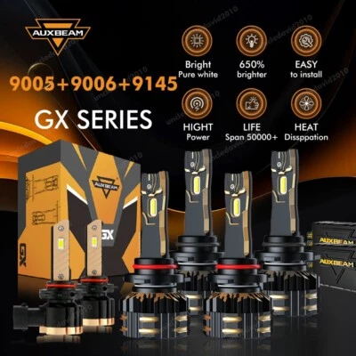 AUXBEAM 9005+9006+9145 Canbus LED Headlight High+Low+Fog Bulbs Combo 6500K 2025 - Image 1 of 4