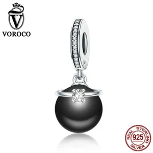Voroco Black Shell Pearl 925 Sterling Silver Bracelet Charm Bead Necklac Pendant - Picture 1 of 11