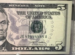 (NEAR SOLID!)$5 Binary Near Solid 4s 7 Of A Kind Fancy Serial Number - UNC - Picture 1 of 11