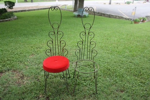 Vintage 2 Black Wrought Iron Skinny High Back Chairs / One Seat Mid Century Cover