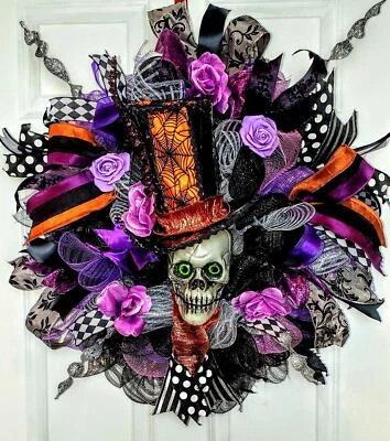 Decoración de guirnalda de Halloween grande decoración de malla calavera sombrero de copa decoración de puerta delantera Foto 1 de 4