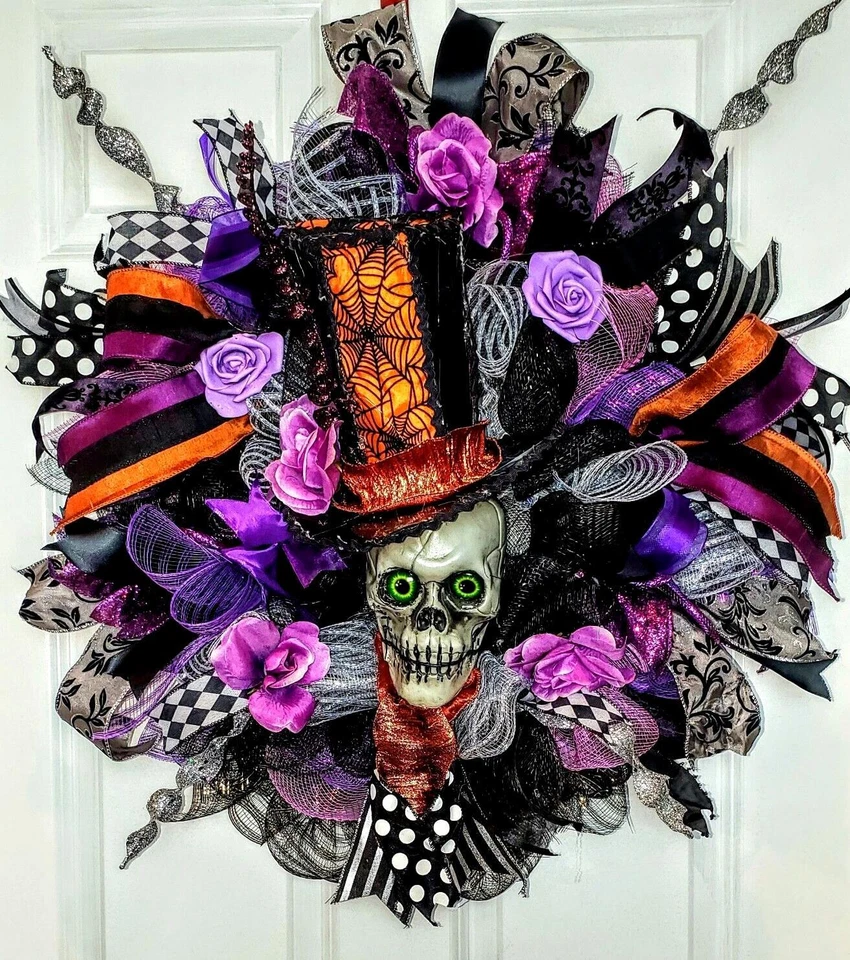 Halloween Wreath Decoration Large Deco Mesh Skull Top Hat Front Door Decoration - Image 1 of 4
