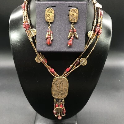 Chicos Red Bead Egyptian Revival Hieroglyphs Necklace & Earring Set Gold Tone - Image 1 of 4