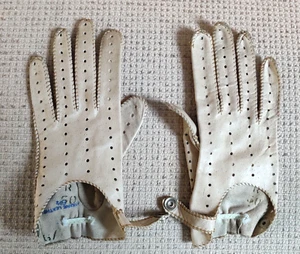 Genuine Leather Gloves  Italy  Driver Riding Gloves  6 1/2  Perforated Tan White - Picture 1 of 9