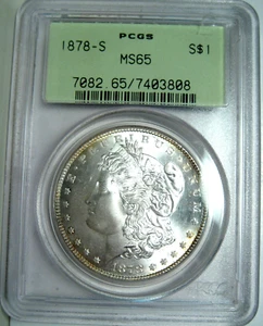 1878-S TONED MORGAN SILVER DOLLAR~PCGS 3.0 OGH  MS65~PQ SEMI PROOF LIKE LUSTER * - Picture 1 of 7