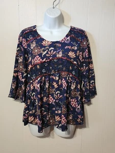 New Directions Woman's Peasant Top PS Petite Small Boho Chic Blue Multicolor B83 - Picture 1 of 5