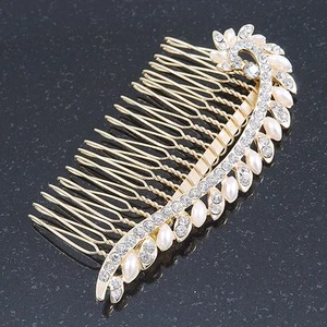 Bridal/ Wedding/ Prom/ Party Gold Plated Clear Crystal, Simulated Pearl Leaf - Picture 1 of 6