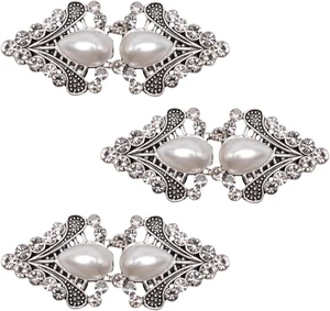 Cloak Clasp Fastener, 3 Pairs White Clips with Rhinestone Vintage Cape Clip Hook - Picture 1 of 7
