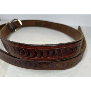 Cintura in pelle marrone fatta a mano stampata design Sol Levante 38 vintage - Foto 1 di 2