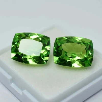 CERTIFIED Cushion Cut 16.08 Ct Natural Green Peridot Rare Loose Gemstone Pair - Image 1 of 4