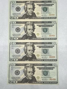 Uncut Sheet of Four (4) $20 Twenty Dollar Bills - 2004 A Star Note Uncirculated - Picture 1 of 13