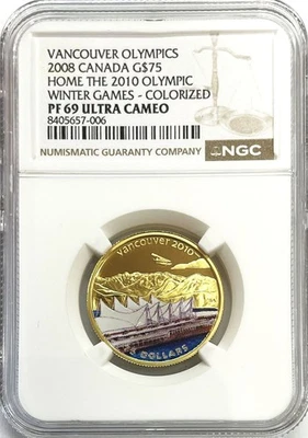 2008 GOLD CANADA PROOF $75 OLYMPIC WINTER COLORIZED COIN NGC PF 69 ULTRA CAMEO - Image 1 of 2