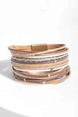 Pulsera de cuero topo con cristales y múltiples hilos que se ven bien Foto 1 de 4