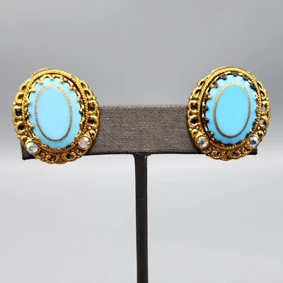 West Germany Light Blue Table Cut Glass Crystal Gold Tone Filigree Clip Earrings - Image 1 of 4
