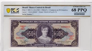 Serial #7! Brazil 1963 5 Cent on 50 Cruzeiros PCGS UNC 68 PPQ 184b Serial #7 !! - Picture 1 of 2