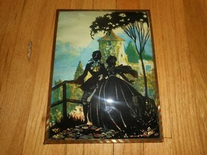 Vintage Reverse Painted Convex Glass Silhouette Man Woman Walking Bridge - Picture 1 of 4