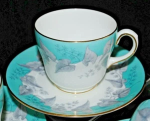 VINTAGE WEDGWOOD BUXTON TURQUOISE GRAY GOLD ENGLAND TEA CUP SAUCER SET - Picture 1 of 8