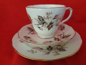 DUCHESS ENGLAND GILDED BONE CHINA FLORAL "PINK ROSEBUDS" TRIO CUP, SAUCER, PLATE - Picture 1 of 5