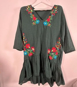 Zara Women's Trafaluc Collection Check Embroidered 3/4 Sleeve Mini Dress Green 8 - Picture 1 of 9