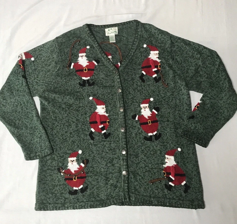 VTG Quacker Factory Sweater Womens 1X Christmas Cardigan Santa Bells Ugly Party - Image 1 of 4