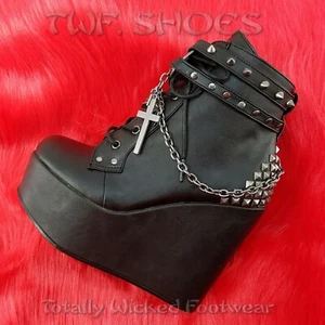 Poison 101 Charm Chain 5" Wedge Heel Goth Ankle Boots DEMONIA NY - Picture 1 of 12