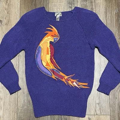 Vtg Ann Wi Purple Knit Phoenix Bird Sweater Sz S Artsy Statement Unique Indie - Image 1 of 4